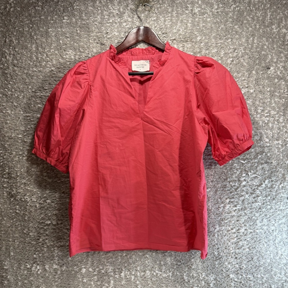 Hyacinth House By Tuckernuck Pink Ruffle Blouse M Cotton Lined Preppy Puff Sleev